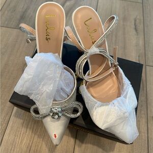 Lulus Lullie rhinestone bow white satin heels NWOT size 8.5
